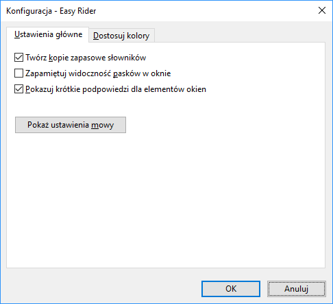Widok okna konfiguracji, strona Ustawienia główne