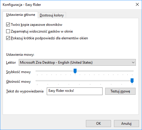Widok okna konfiguracji z rozwiniętymi ustawieniami mowy
