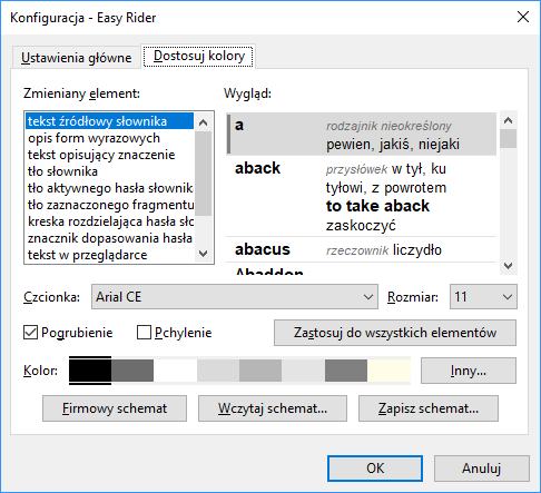Widok okna konfiguracji, strona Dostosuj kolory