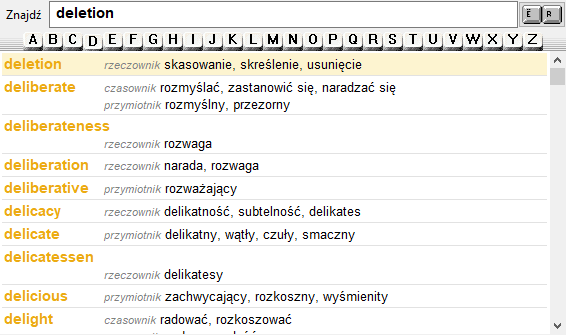 Widok obszaru słownika
