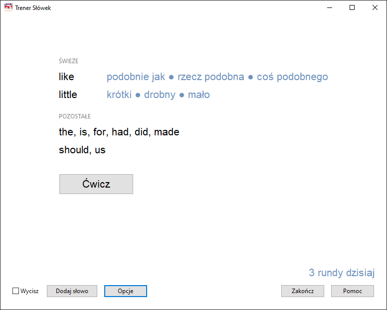 Obrazek przedstawiający wygląd okna Trenera Słówek